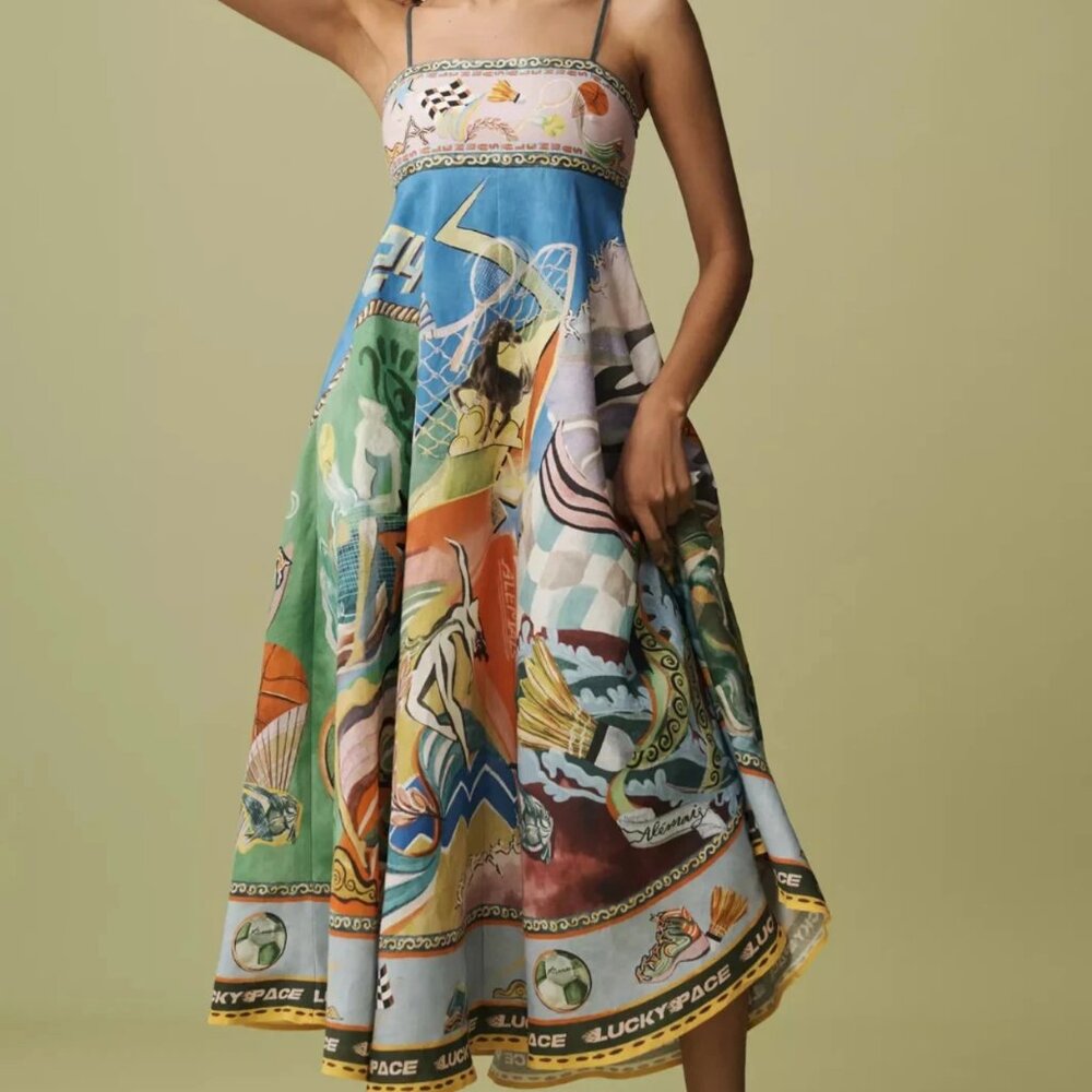 ALÉMAIS Lucky Pace Shirred Linen Midi Sun Dress by Anthropologie - Picture 1 of 8